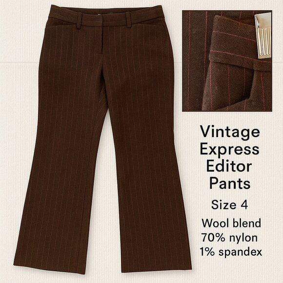 Vintage Express Editor Pants 4 Brown Pink Pinstripe Wool Blend Y2K Career Chic - Picture 1 of 16